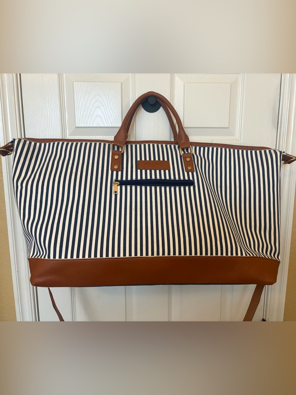 Kathy Ireland Striped Navy and White Weekender Bag with Brown Trim